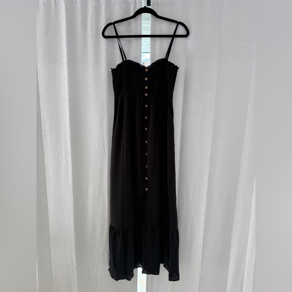 Black Smocked Maxi Dress | Button Front Sundress with Pockets Size M - Picture 5 of 11